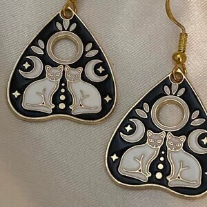 Cat and Moon dangle earrings with moon and stars